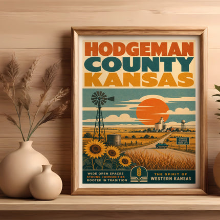 Hodgeman County Kansas retro travel poster with windmills, sunflowers, and rural landscape.