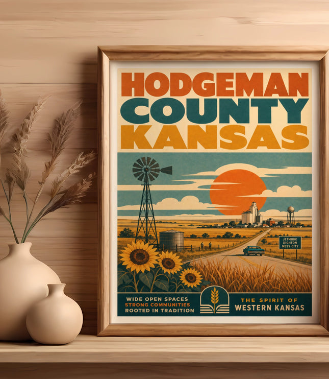 Hodgeman County Kansas retro travel poster with windmills, sunflowers, and rural landscape.