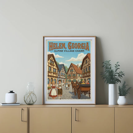 Helen, Georgia Alpine Village Charm poster with Bavarian architecture and a horse-drawn carriage.