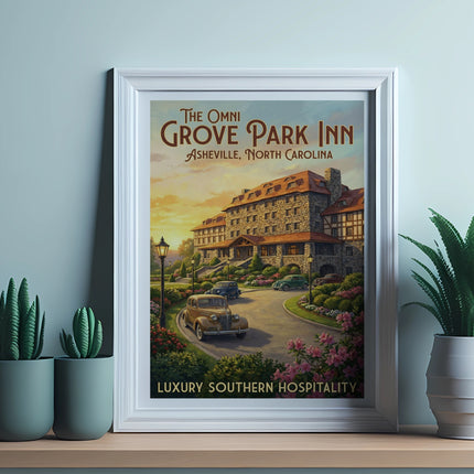 The Omni Grove Park Inn Asheville, North Carolina, poster with vintage cars.