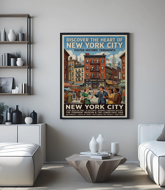 Vintage New York City Tenement Museum poster with people and city buildings.