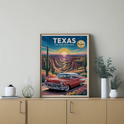 Vintage Texas The Lone Star State poster featuring a classic car and desert landscape.