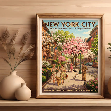 New York City poster depicting a spring street scene with people and a dog.