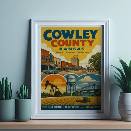 Cowley County, Kansas vintage travel poster with town scenes and text.