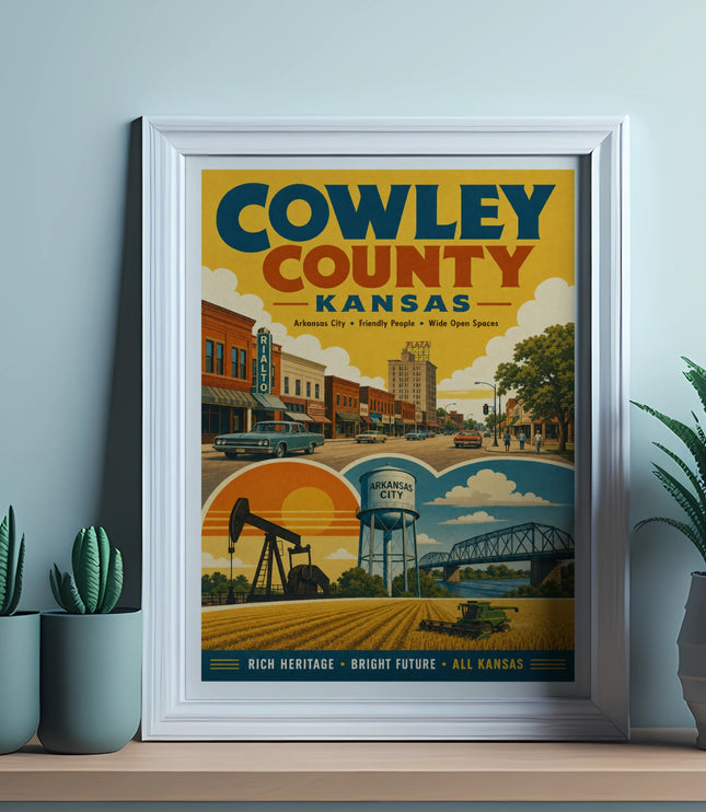Cowley County, Kansas vintage travel poster with town scenes and text.