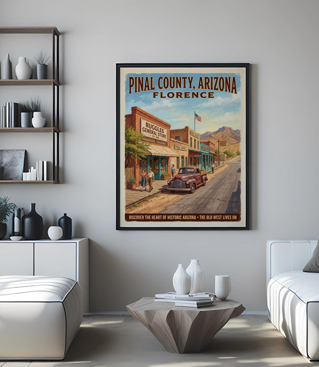 Pinal County, Arizona Florence vintage travel poster with Ruggles General Store.
