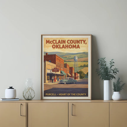 McClain County, Oklahoma art print featuring a vintage street scene with text.