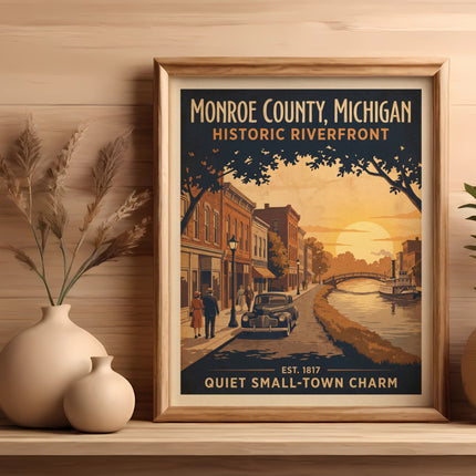 Monroe County, Michigan Historic Riverfront poster with "Quiet Small-Town Charm" text.