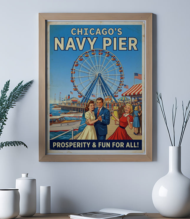 Vintage poster for Chicago's Navy Pier with a Ferris wheel, boats, and dancing couples.