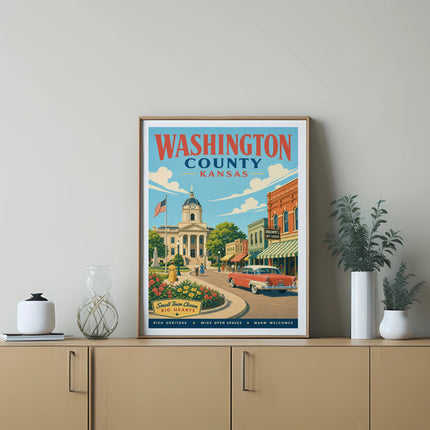 Washington County, Kansas poster featuring town hall, vintage car, and local businesses.