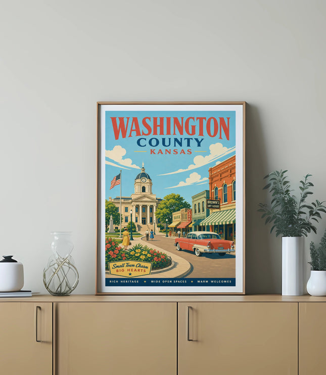 Washington County, Kansas poster featuring town hall, vintage car, and local businesses.