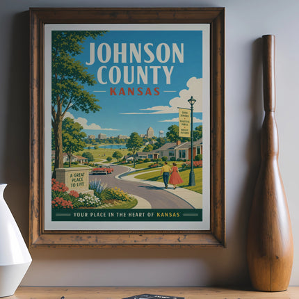 Vintage poster for Johnson County, Kansas, with text and idyllic scenery.