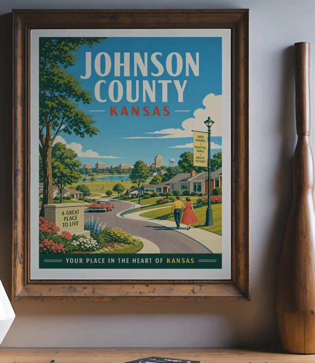 Vintage poster for Johnson County, Kansas, with text and idyllic scenery.