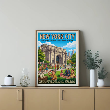 Poster for American Museum of Natural History, New York City, featuring dinosaurs.