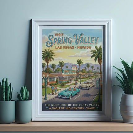 Vintage travel poster for Spring Valley, Las Vegas, Nevada featuring a diner and classic cars.