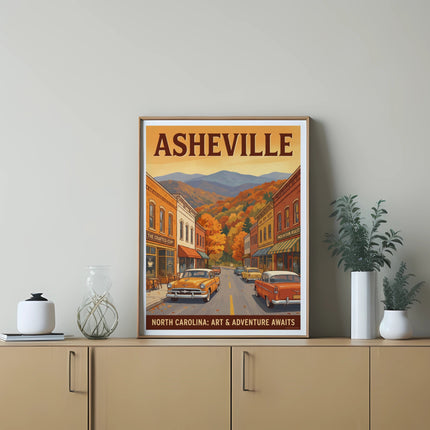 Vintage style poster of Asheville, North Carolina with cars and autumn foliage.