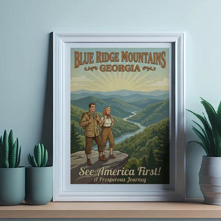 Vintage travel poster showing hikers overlooking Blue Ridge Mountains, Georgia.