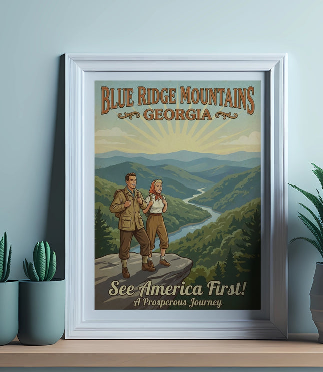 Vintage travel poster showing hikers overlooking Blue Ridge Mountains, Georgia.