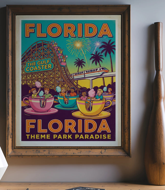 Vintage Florida theme park poster featuring The Gulf Coaster and teacup rides.