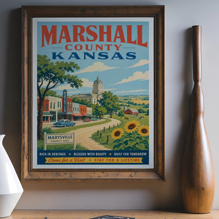 Marshall County Kansas vintage travel poster featuring Marysville and sunflowers.