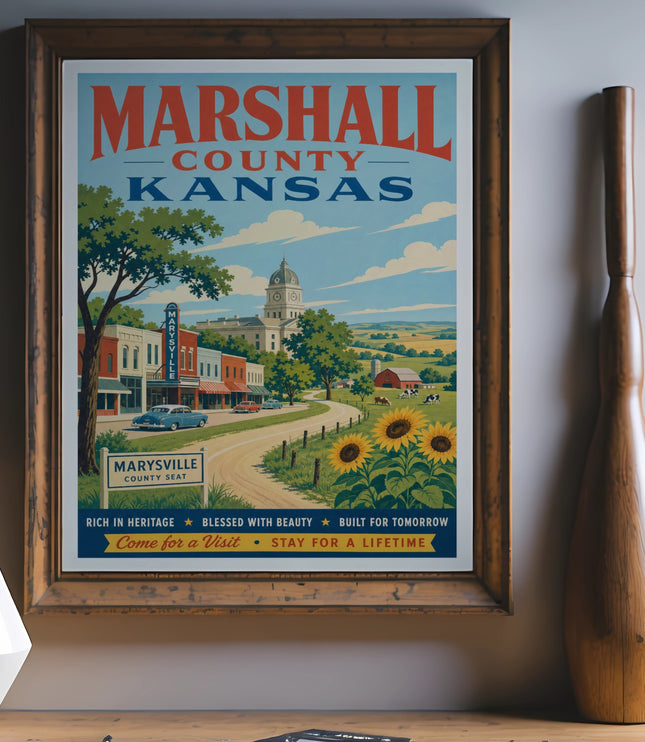 Marshall County Kansas vintage travel poster featuring Marysville and sunflowers.