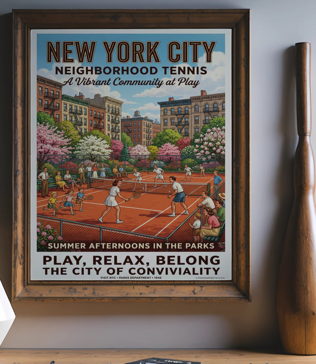 New York City Neighborhood Tennis artwork, showing people playing tennis in a park scene.