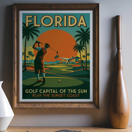 Retro Florida golf poster with text: "FLORIDA GOLF CAPITAL OF THE SUN PLAY THE SUNSET COAST".