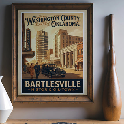 Bartlesville, Oklahoma historic oil-town vintage poster with Price Tower and First National Bank.