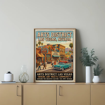 Arts District Las Vegas poster featuring vintage shops, cafe, cars, and murals.