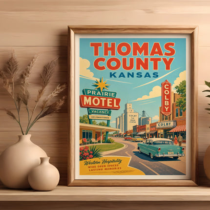 Thomas County Kansas Prairie Motel poster with vintage cars.