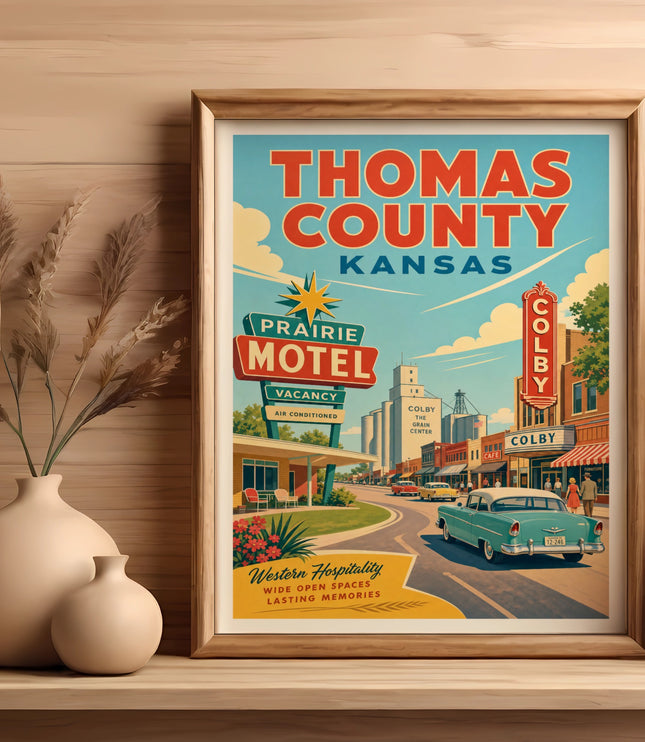Thomas County Kansas Prairie Motel poster with vintage cars.