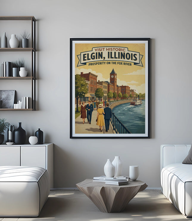 Vintage travel poster for Elgin, Illinois displaying riverfront buildings and people.