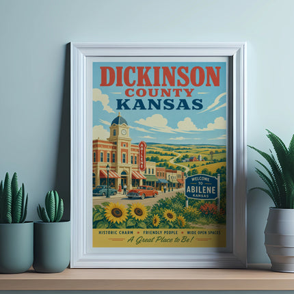 DICKINSON COUNTY KANSAS Abilene welcome sign with vintage town scene.