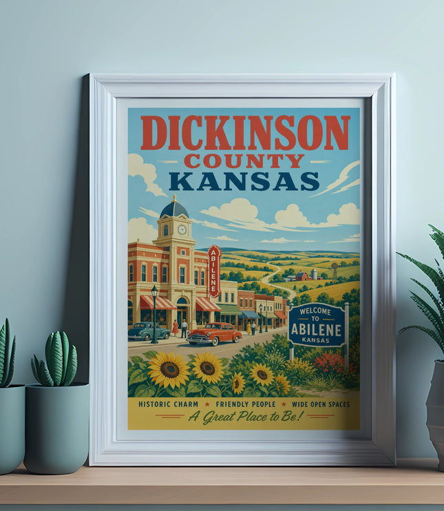 DICKINSON COUNTY KANSAS Abilene welcome sign with vintage town scene.