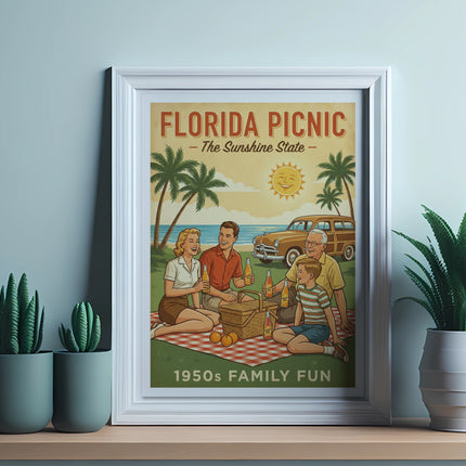 Framed vintage illustration of a family picnic with "Florida The Sunshine State" text.