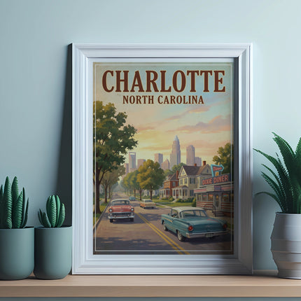 Vintage artwork of Charlotte, North Carolina, with cars and a diner.
