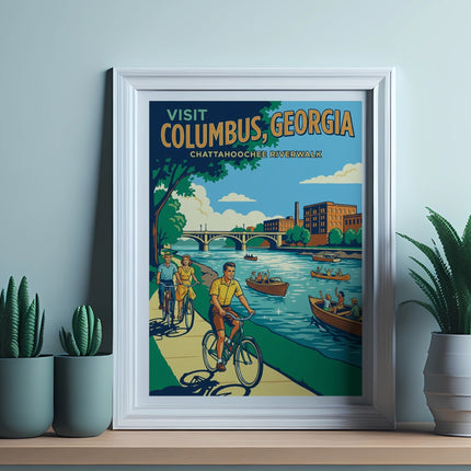 Framed poster depicting people cycling by Chattahoochee Riverwalk in Columbus, Georgia.