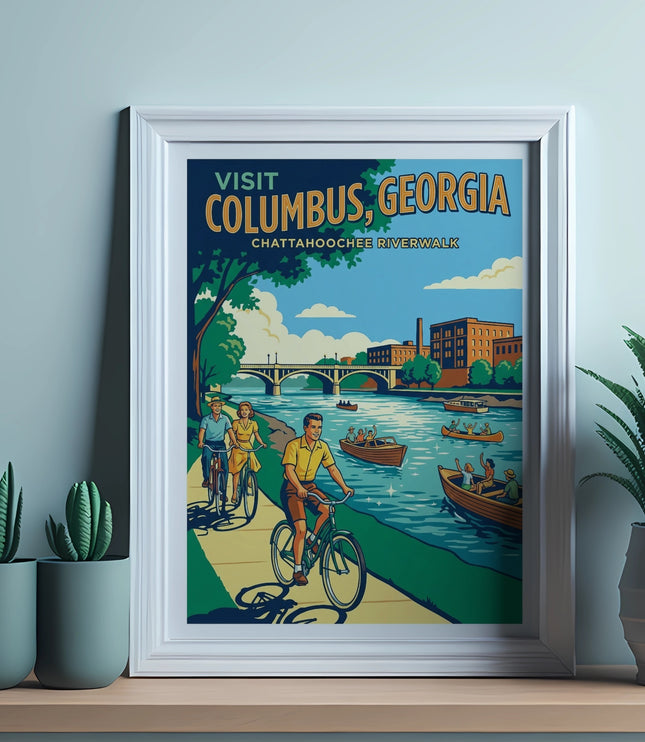 Framed poster depicting people cycling by Chattahoochee Riverwalk in Columbus, Georgia.