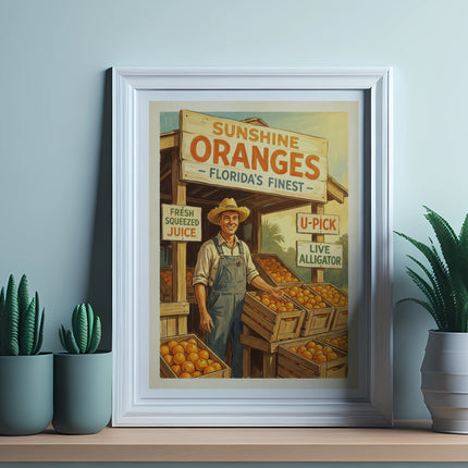 Framed vintage sign for Sunshine Oranges, Florida's Finest, U-Pick.