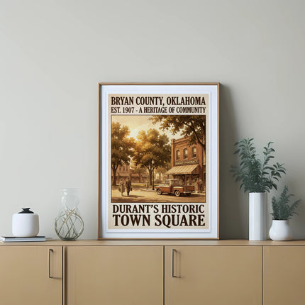 Bryan County, Oklahoma Est. 1907 vintage poster depicting Durant's Historic Town Square.