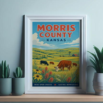 Vintage poster of Morris County, Kansas with cows, flowers, and rolling hills.