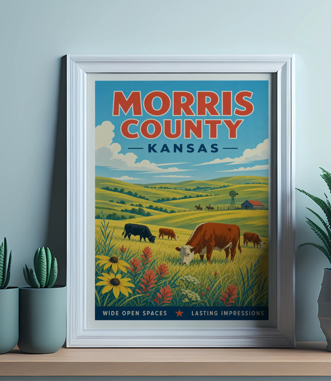 Vintage poster of Morris County, Kansas with cows, flowers, and rolling hills.