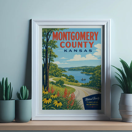 Vintage travel poster for Montgomery County, Kansas, featuring a scenic lake and rolling hills.