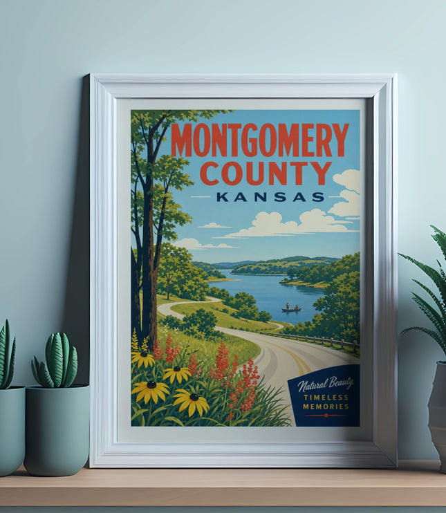 Vintage travel poster for Montgomery County, Kansas, featuring a scenic lake and rolling hills.