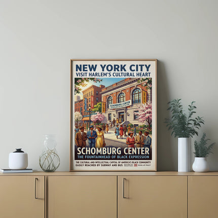 Schomburg Center poster featuring vintage New York City illustration and text.