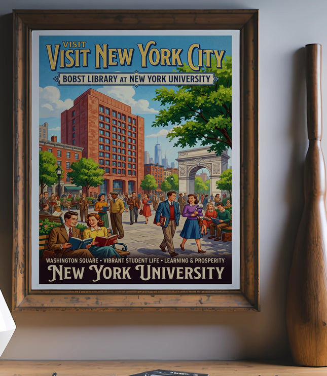Vintage style poster for New York University Bobst Library and Washington Square.