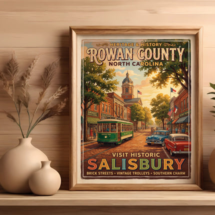 Rowan County, North Carolina vintage travel poster showing Salisbury with trolley and cars.