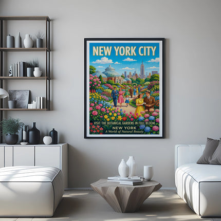 New York City poster depicting people in botanical gardens with text "Visit the Botanical Gardens".