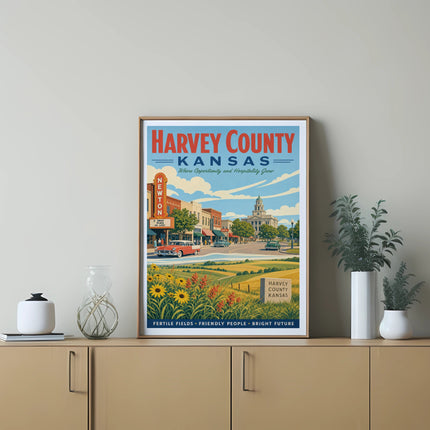 Harvey County, Kansas vintage travel poster with sunflower fields and town.