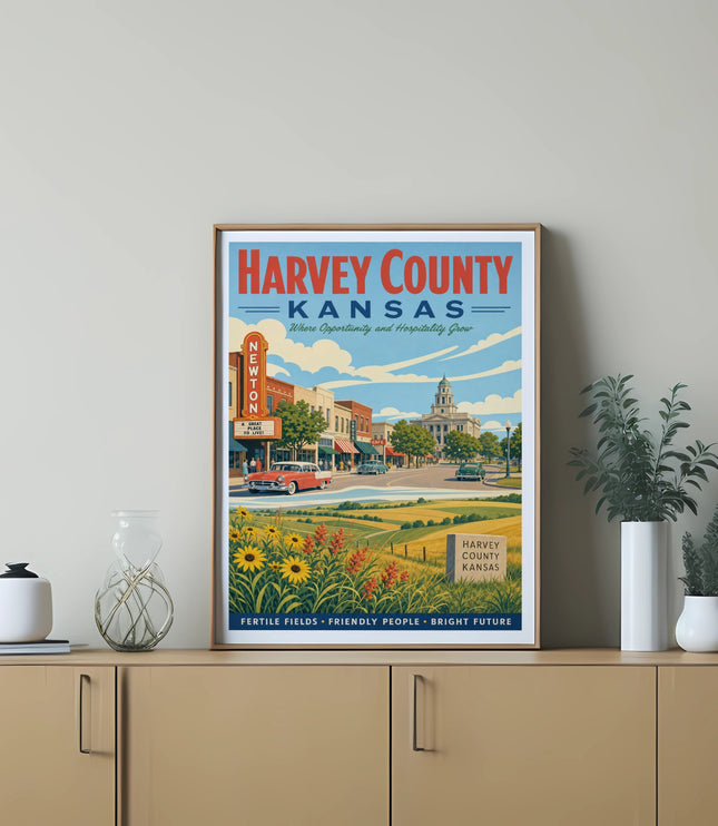 Harvey County, Kansas vintage travel poster with sunflower fields and town.